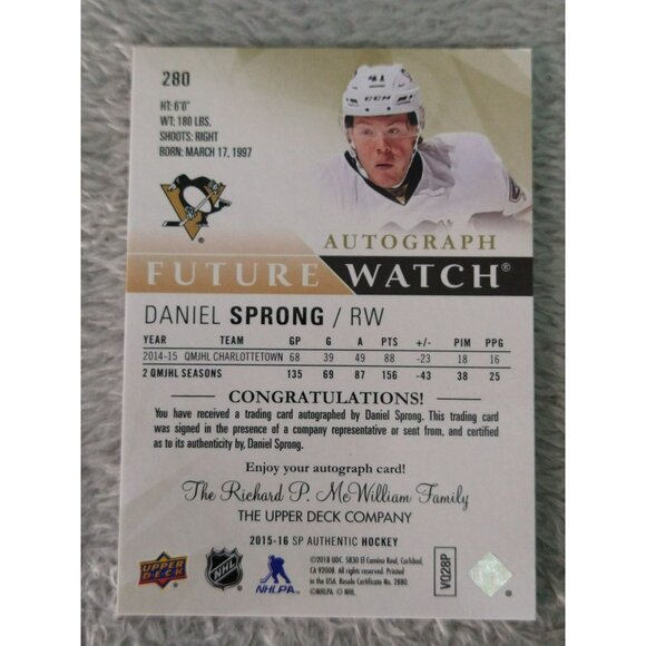2015-16 SP Authentic Future Watch Limited /100 Daniel Sprong 280 Rookie Auto RC - Picture 2 of 2